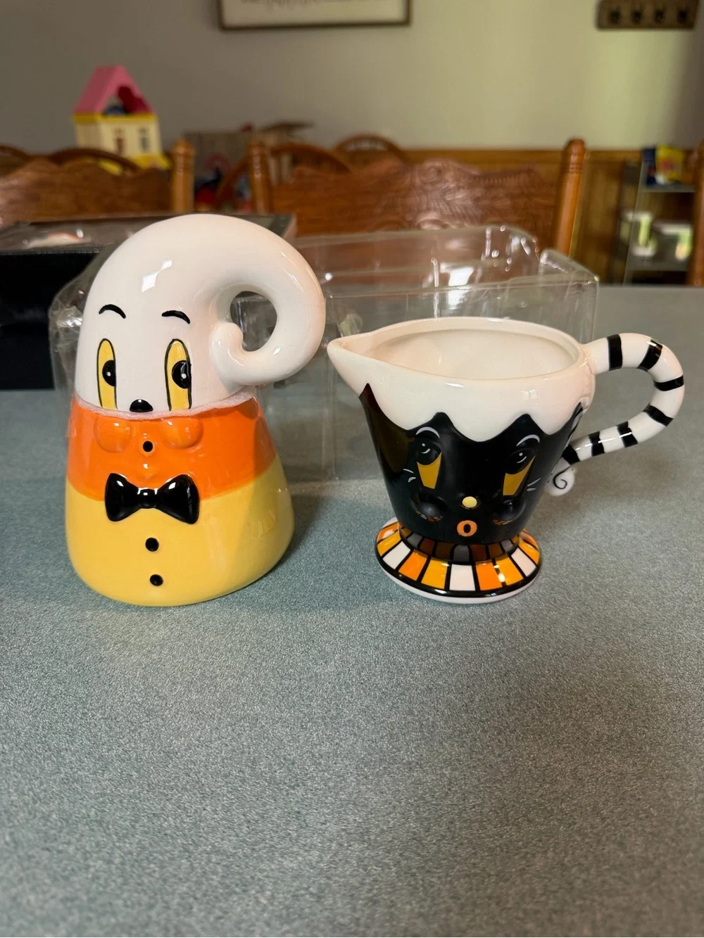 Johanna Parker Carnival Cottage Candy Corn Ghost Halloween Creamer Sugar Set